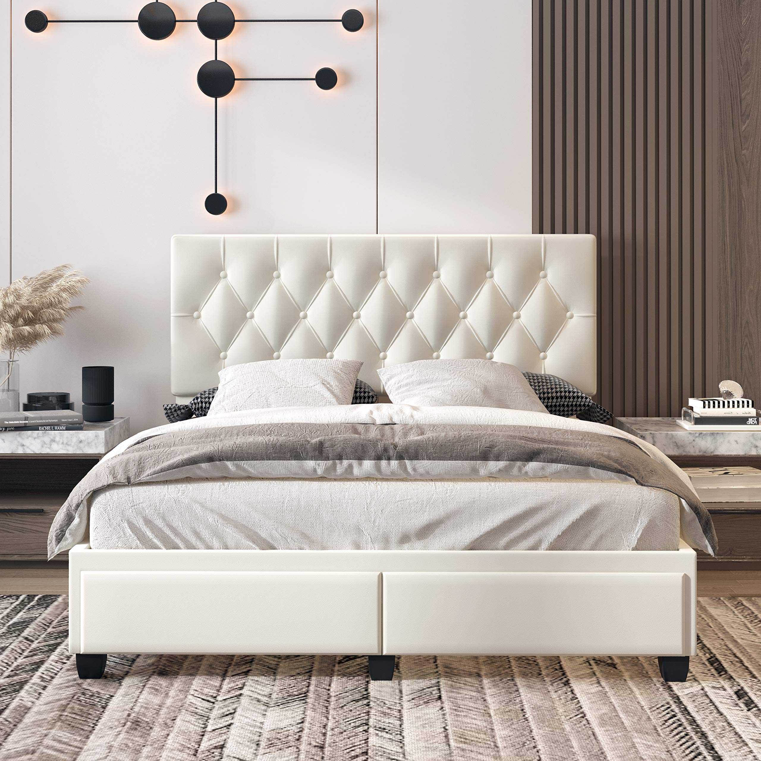 Boyd Sleep Verona Upholstered Platform Bed Frame Mattress Foundation With Headboard, Dual Front Storage Drawers, And Strong Wood Slat Supports: Button Tufted Faux Leather, White, Queen
